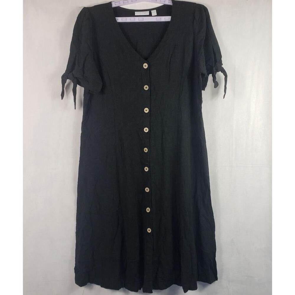 Susan Graver Pure Dress Womens Petite Large Black Linen Blend Tie Sleeve Midi - Picture 2 of 11